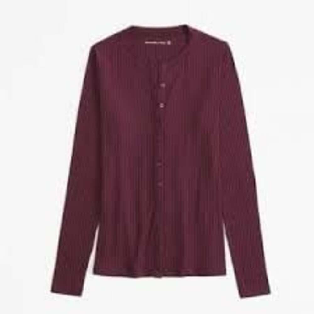 Abercrombie & Fitch Long Sleeve Button Through Rib Top Maroon XXS
